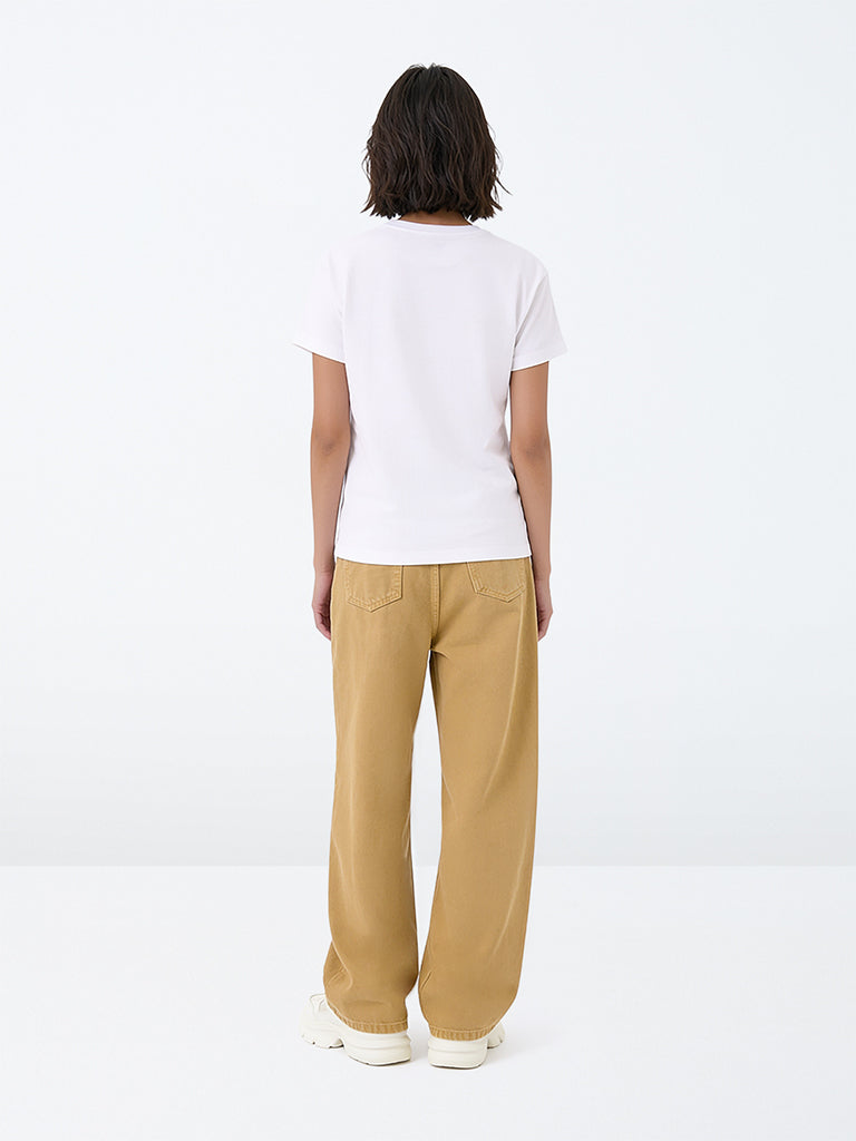 Girls Beige Cotton Relaxed Fit High-Rise Jeans