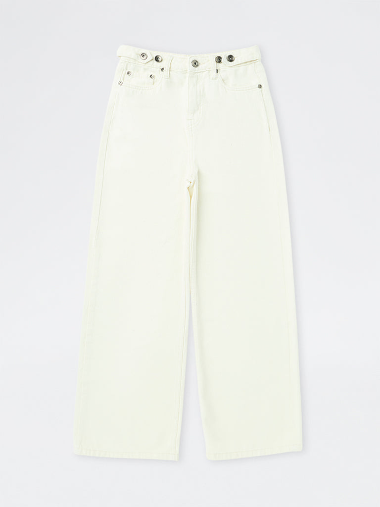 Girls Off-White Solid Mid-Rise Relaxed Fit Jeans