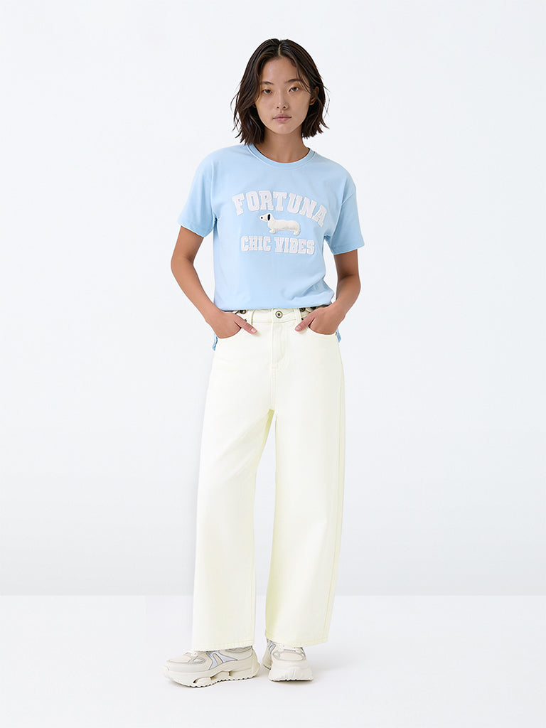 Girls Off-White Solid Mid-Rise Relaxed Fit Jeans