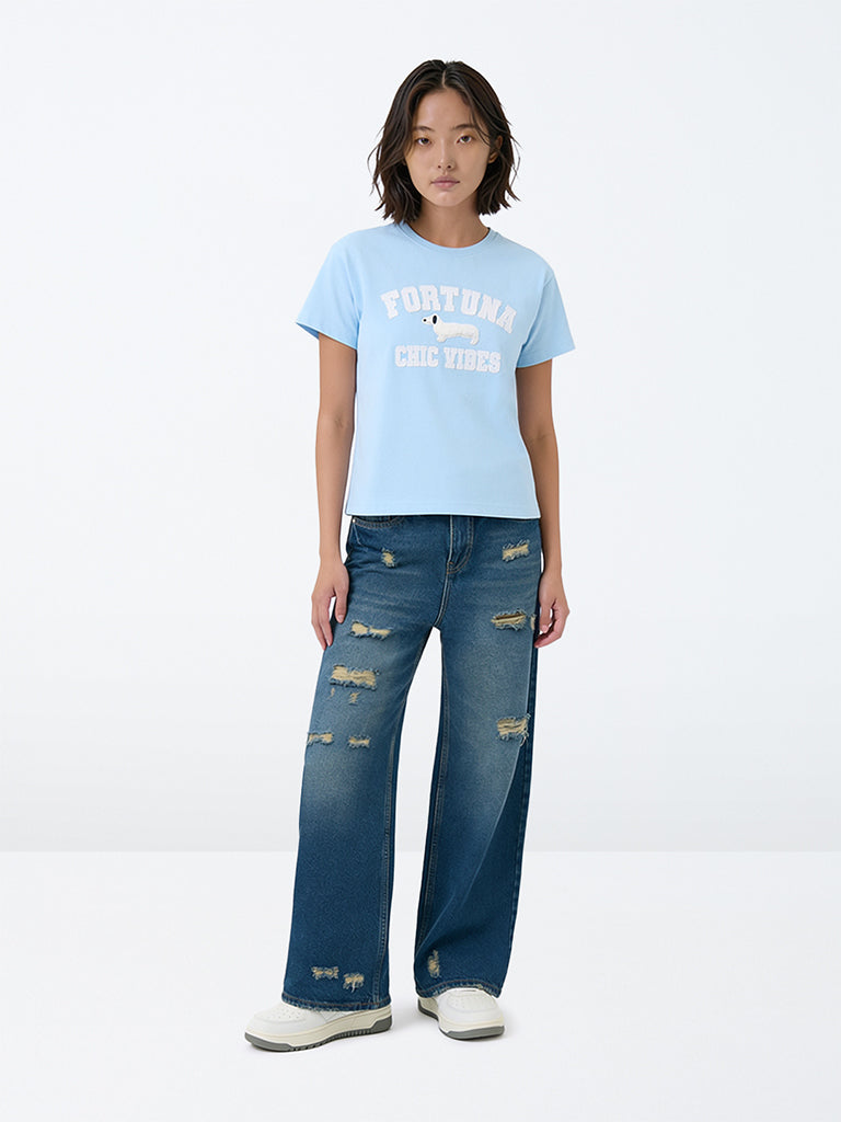 Girls Dark Blue High-Rise Ripped Jeans