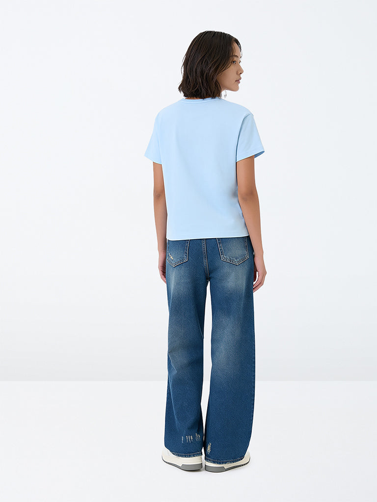 Girls Dark Blue High-Rise Ripped Jeans