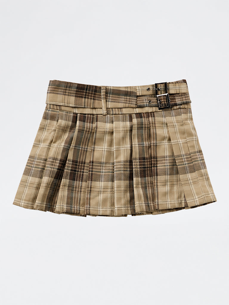 Girls Brown Checkered High-Rise Skirt