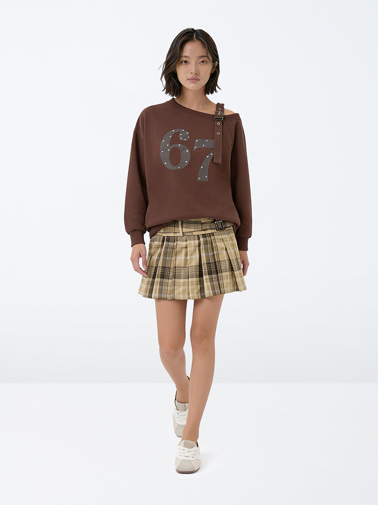 Girls Brown Checkered High-Rise Skirt