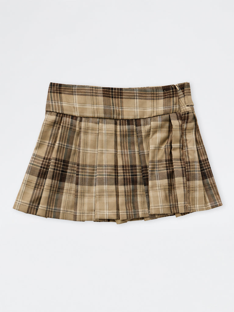 Girls Brown Checkered High-Rise Skirt