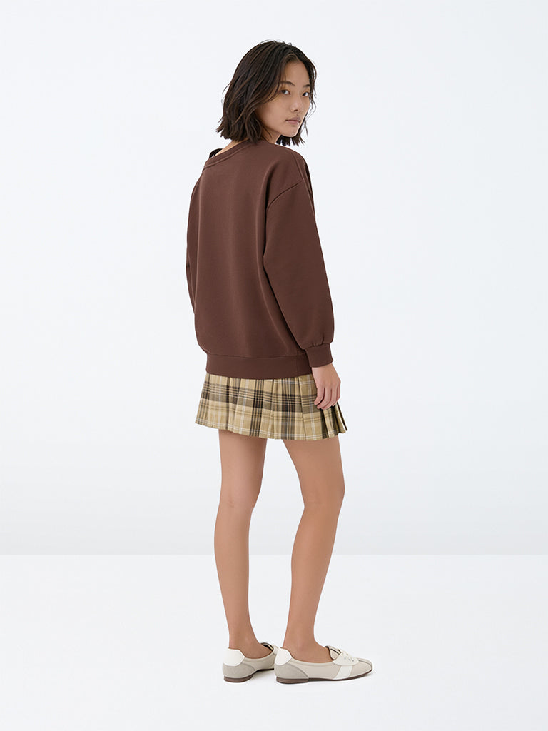 Girls Brown Checkered High-Rise Skirt