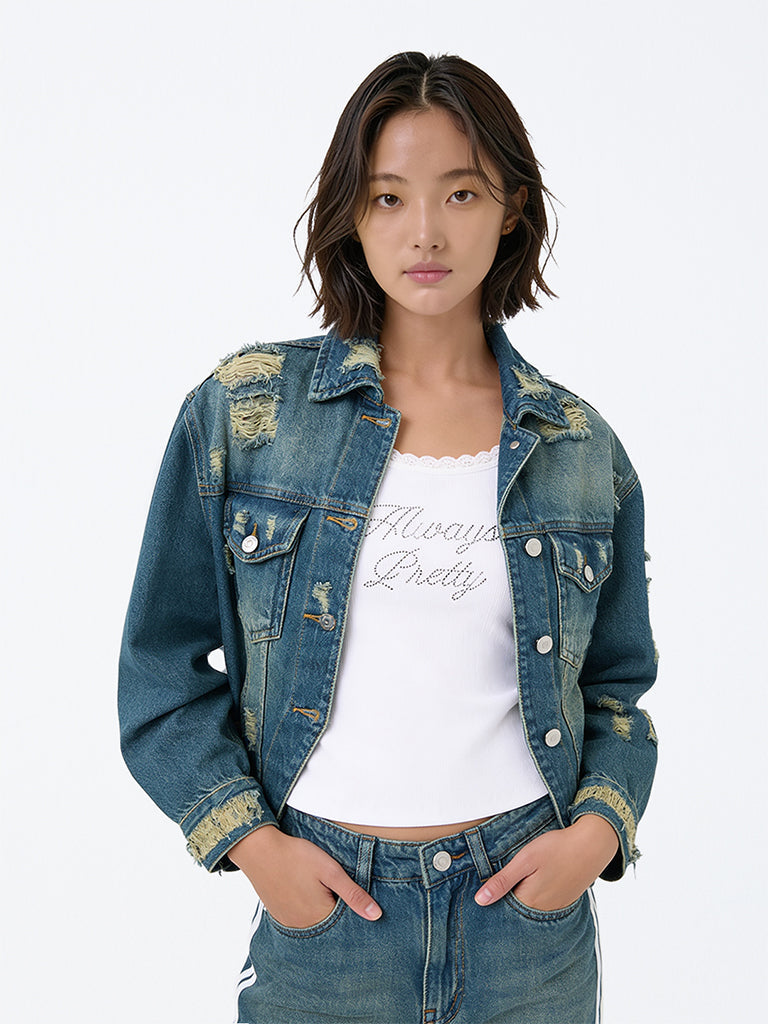 Girls Blue Distressed Denim Jacket