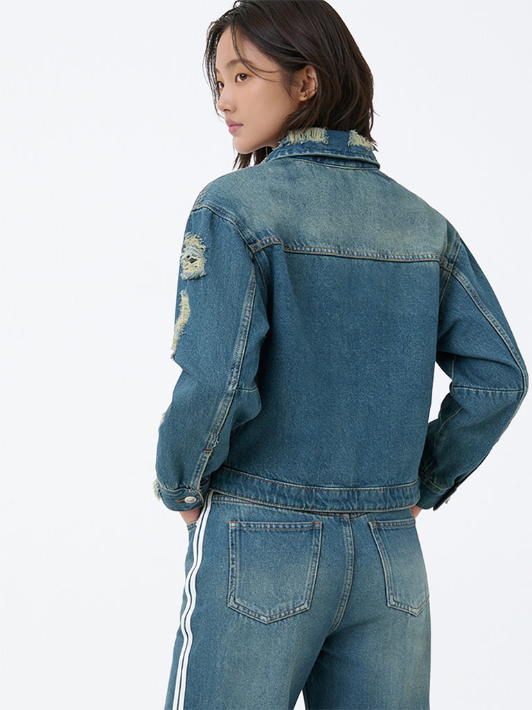 Girls Blue Distressed Denim Jacket