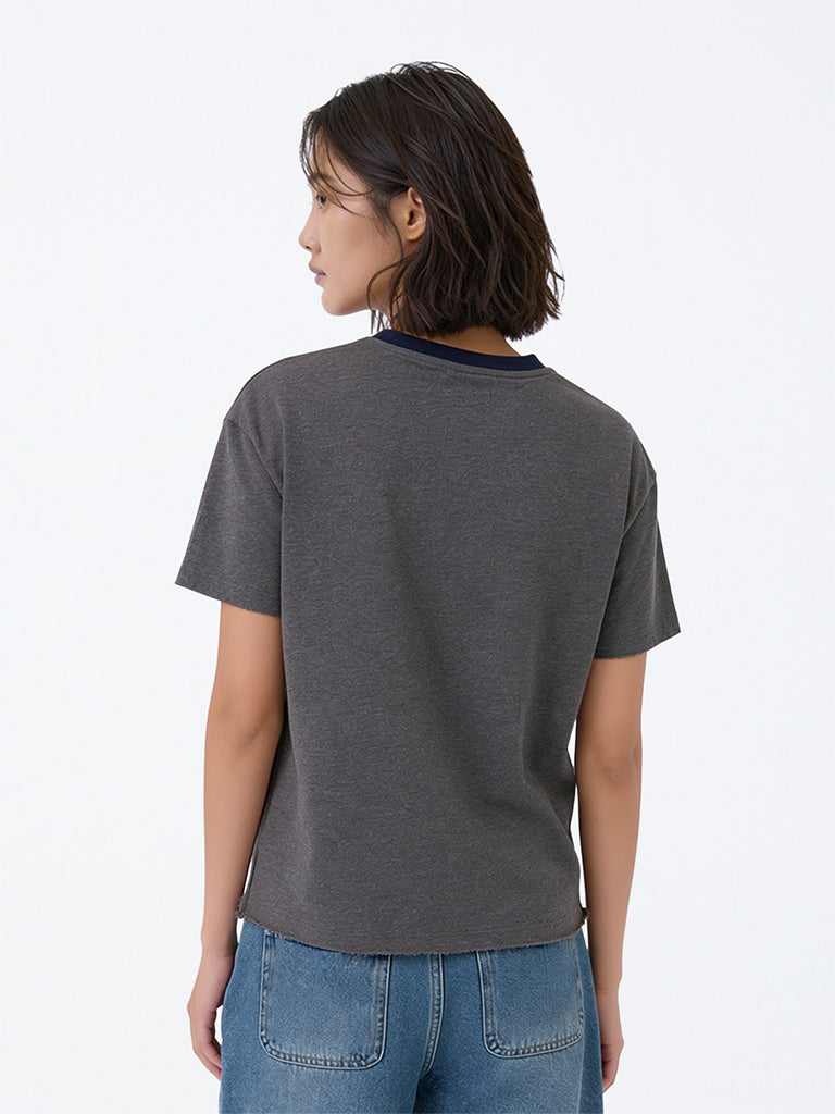 Girls Dark Grey Dog Printed Cotton-Blend T-Shirt