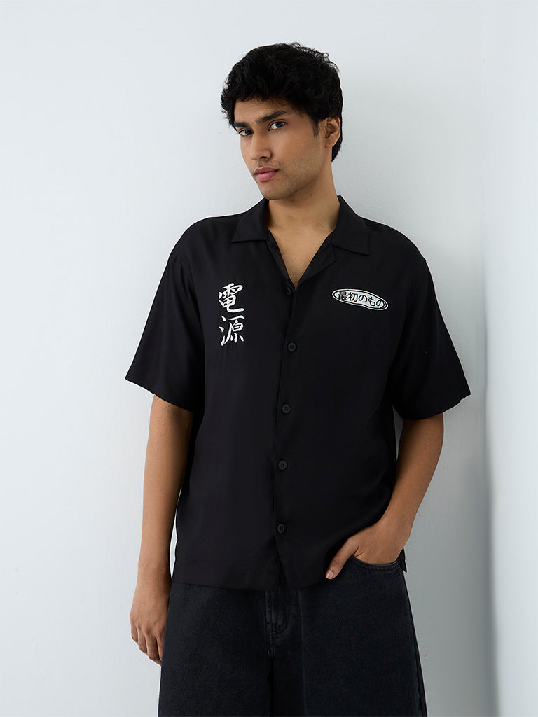 Nuon Black Japanese Embroidered Relaxed-Fit Shirt