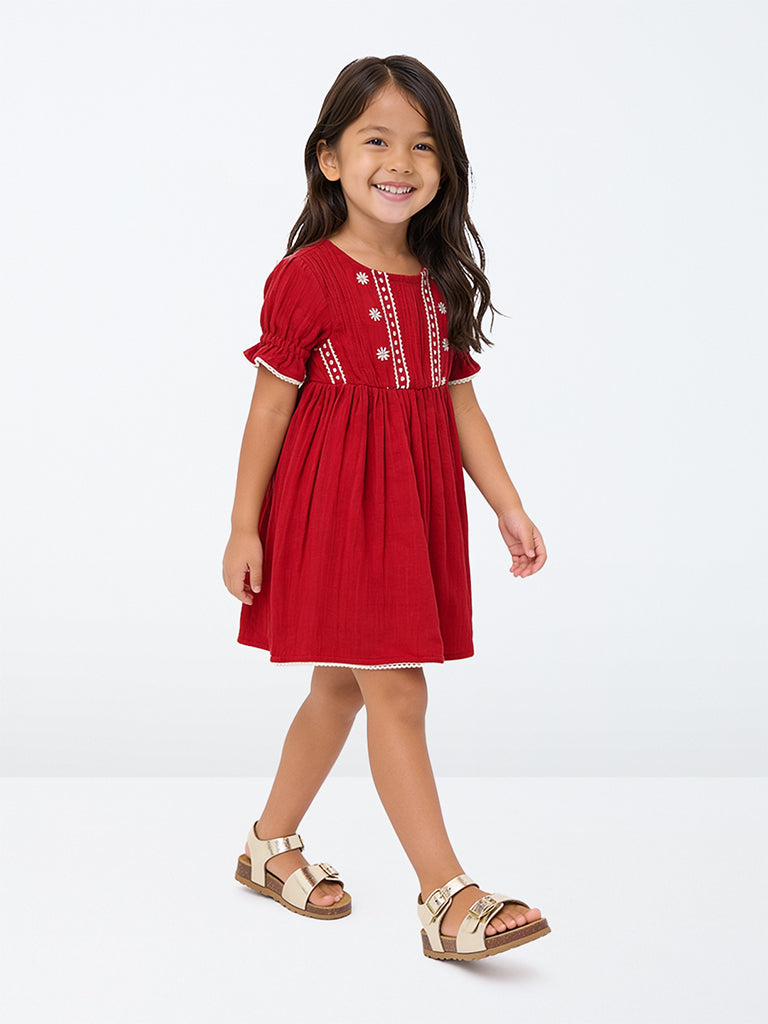 Utsa Kids Girls Red Floral Embroidered A-Line Cotton Dress - (2-8 yrs)