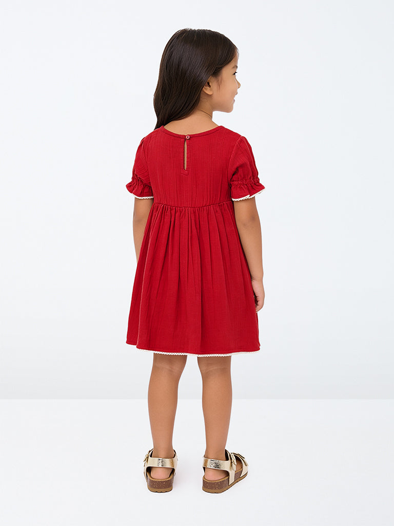 Utsa Kids Girls Red Floral Embroidered A-Line Cotton Dress - (2-8 yrs)