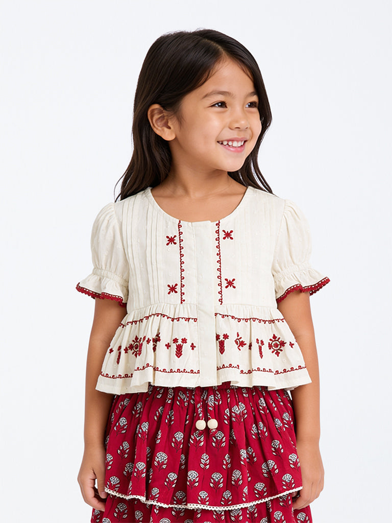 Utsa Kids Girls Off-White Embroidered Peplum Cotton Top - (2-8 yrs)
