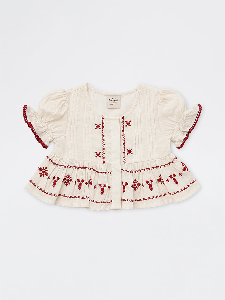 Utsa Kids Girls Off-White Embroidered Peplum Cotton Top - (2-8 yrs)