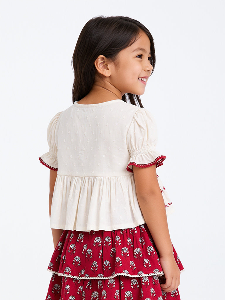 Utsa Kids Girls Off-White Embroidered Peplum Cotton Top - (2-8 yrs)