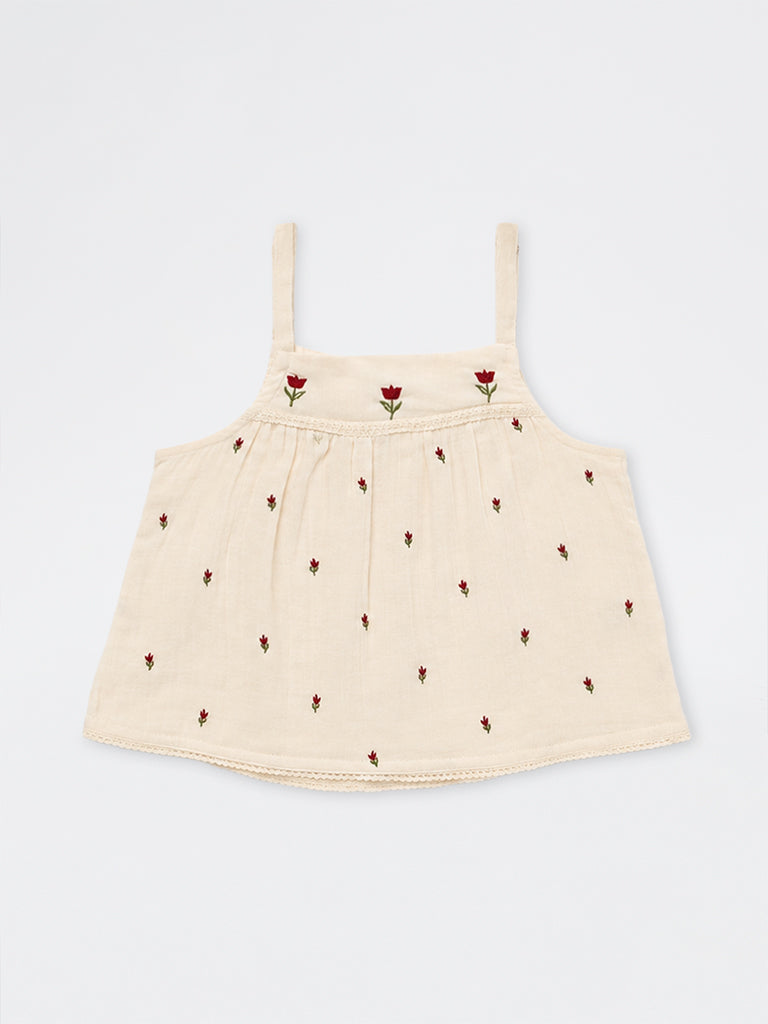 Utsa Kids Girls Off-White Floral Embroidered Cotton Top - (2-8 yrs)