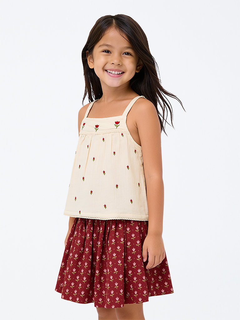 Utsa Kids Girls Off-White Floral Embroidered Cotton Top - (2-8 yrs)