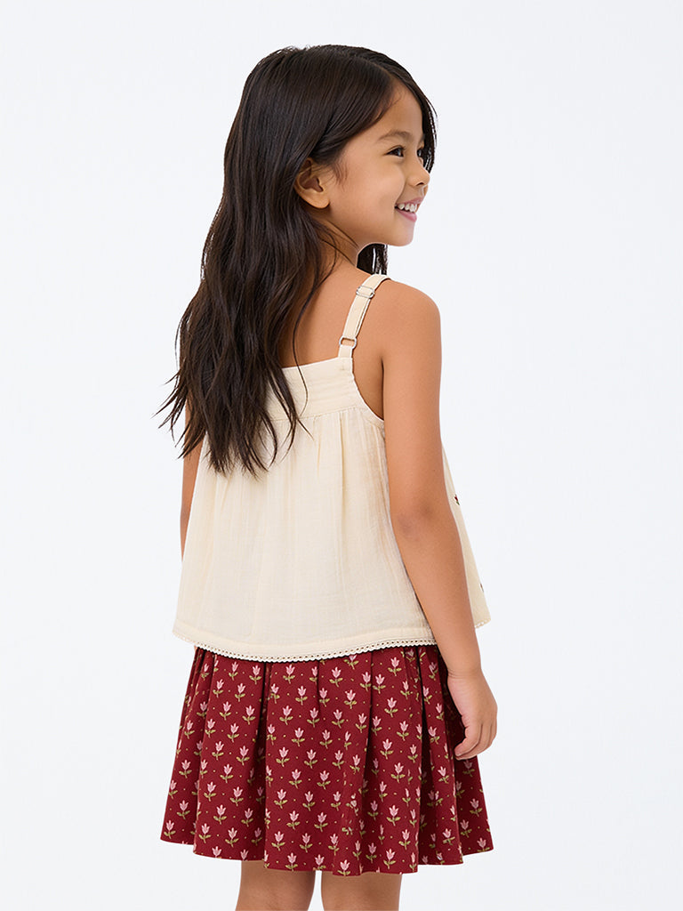 Utsa Kids Girls Off-White Floral Embroidered Cotton Top - (2-8 yrs)