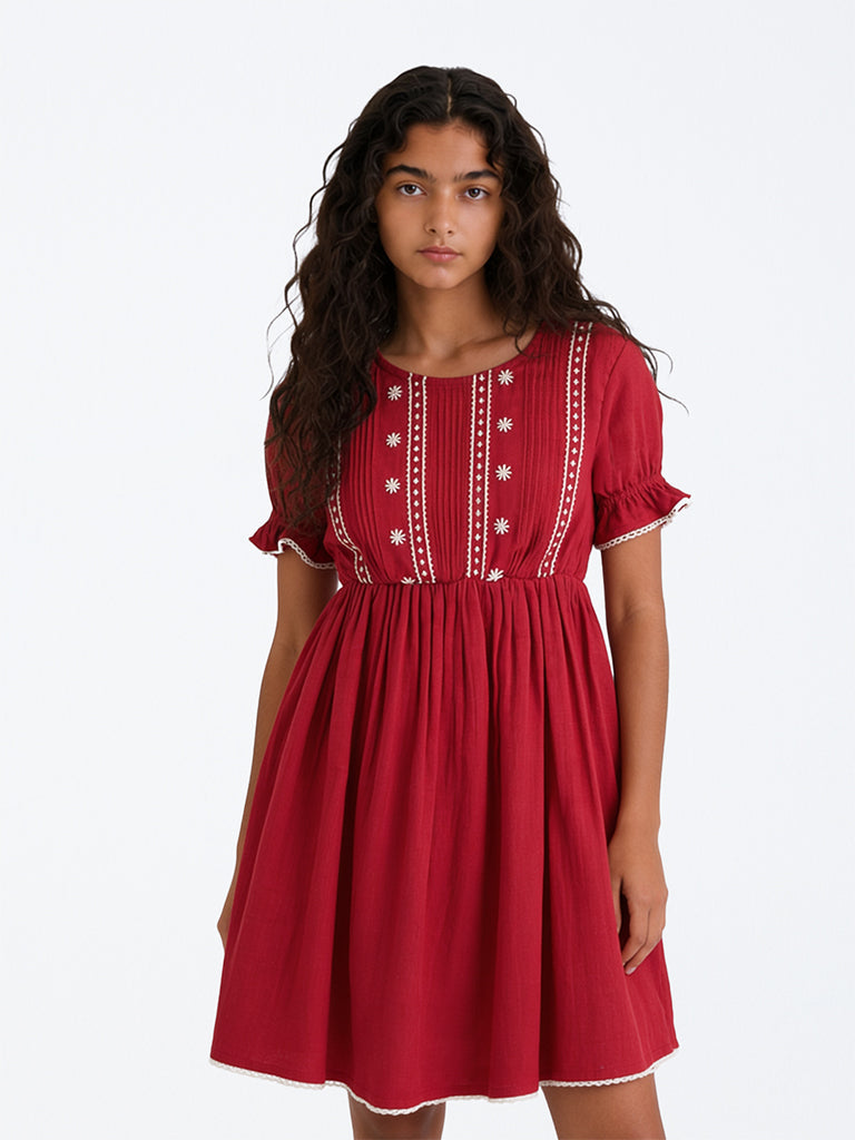 Utsa Kids Girls Red Floral Embroidered A-Line Cotton Dress (8-14 yrs)