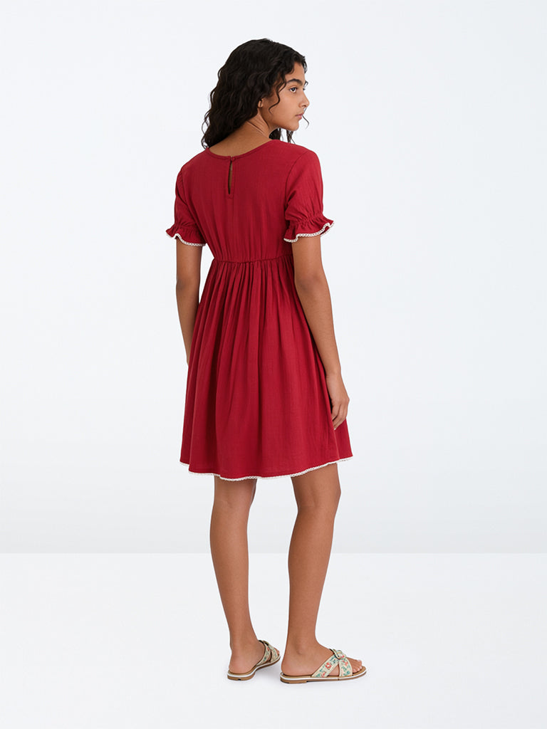 Utsa Kids Girls Red Floral Embroidered A-Line Cotton Dress (8-14 yrs)