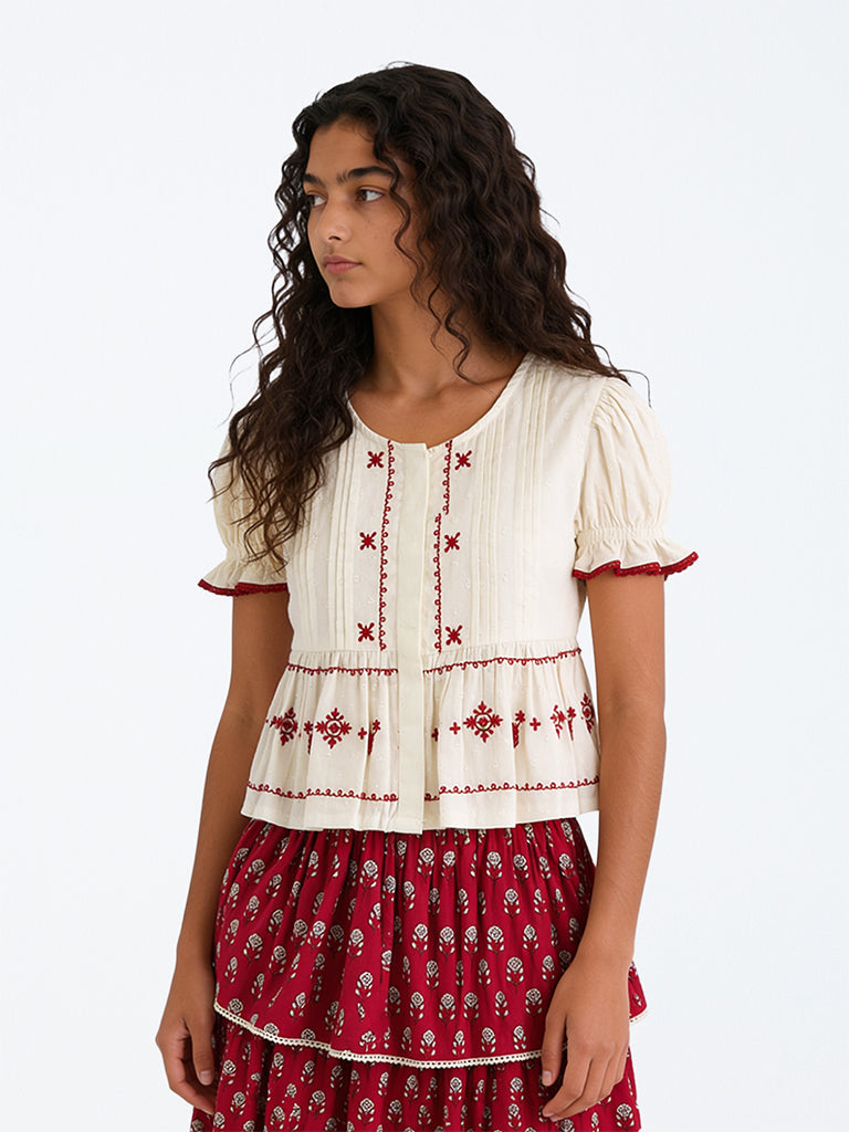 Utsa Kids Girls Off-White Embroidered Peplum Cotton Top - (8-14 yrs)