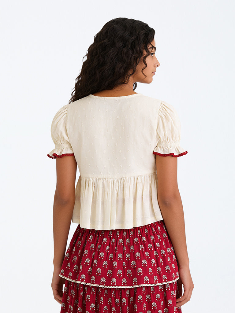 Utsa Kids Girls Off-White Embroidered Peplum Cotton Top - (8-14 yrs)