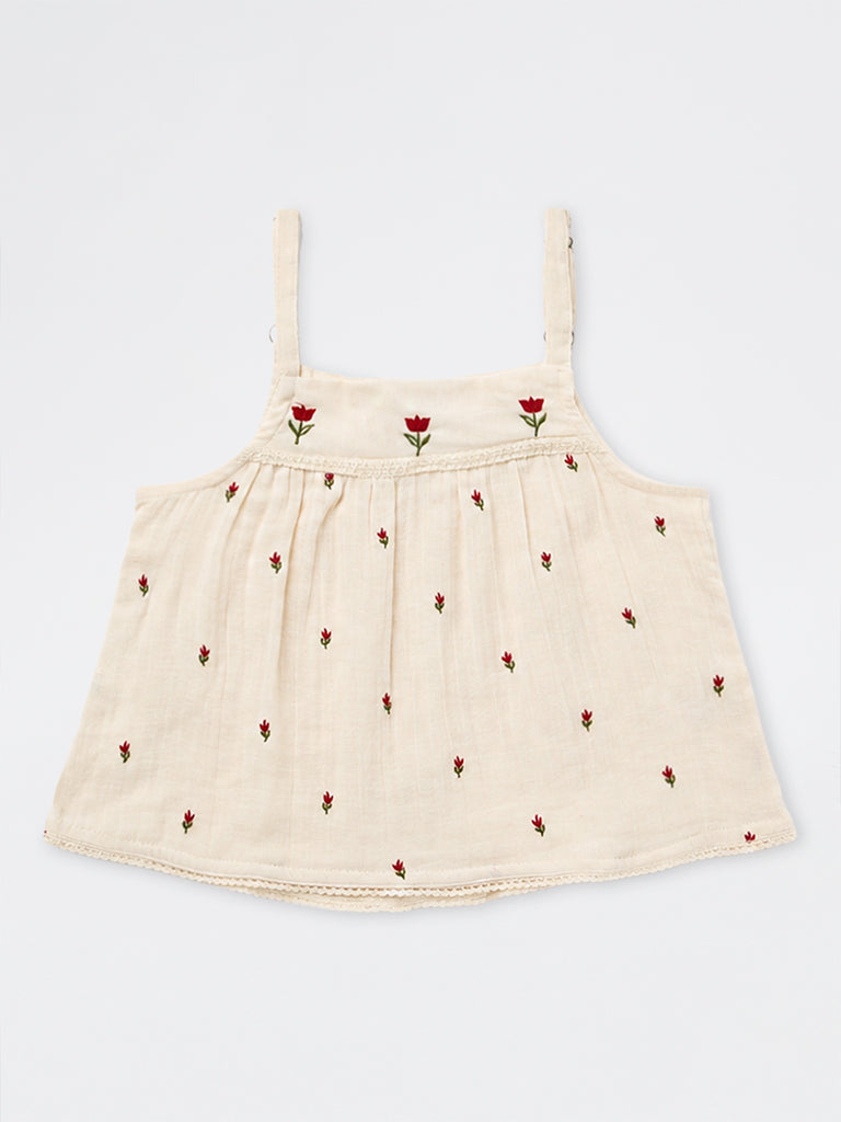Utsa Kids Girls Off-White Floral Embroidered Cotton Top - (8-14 yrs)