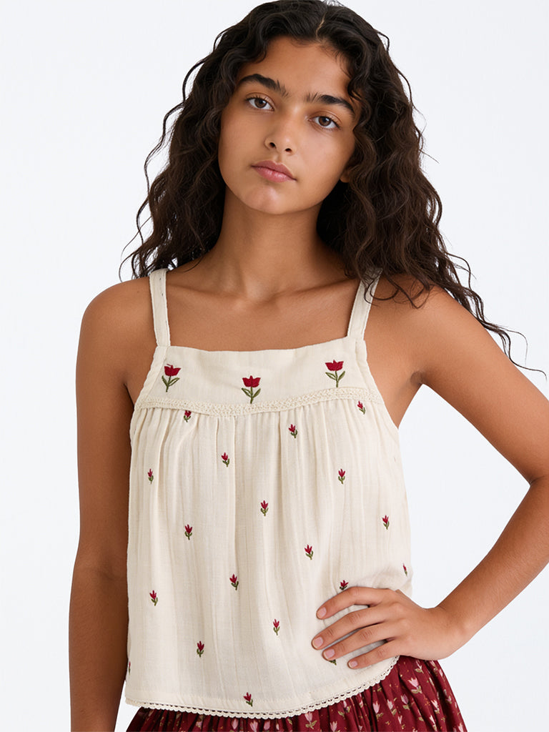 Utsa Kids Girls Off-White Floral Embroidered Cotton Top - (8-14 yrs)