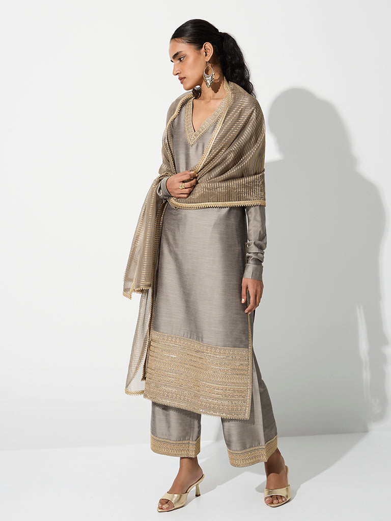 Vark Grey Embroidered Straight Ethnic Set