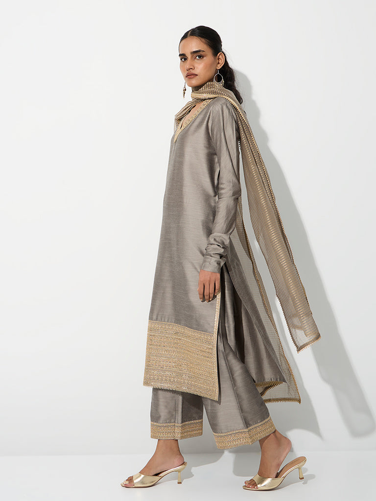 Vark Grey Embroidered Straight Ethnic Set