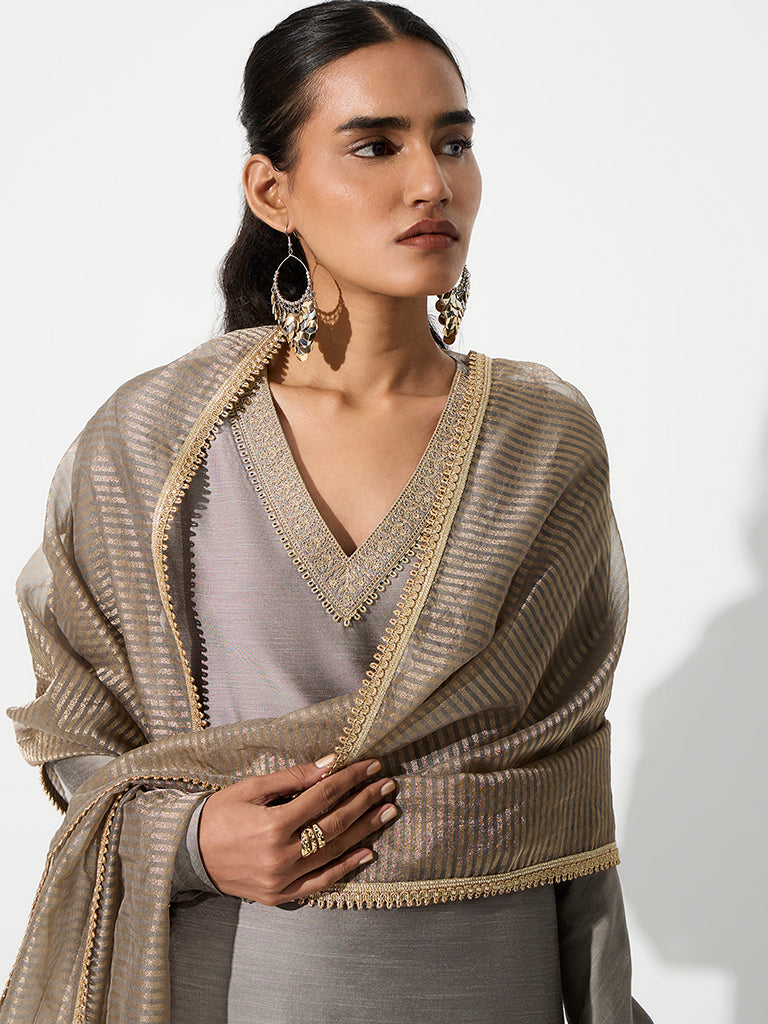 Vark Grey Embroidered Straight Ethnic Set