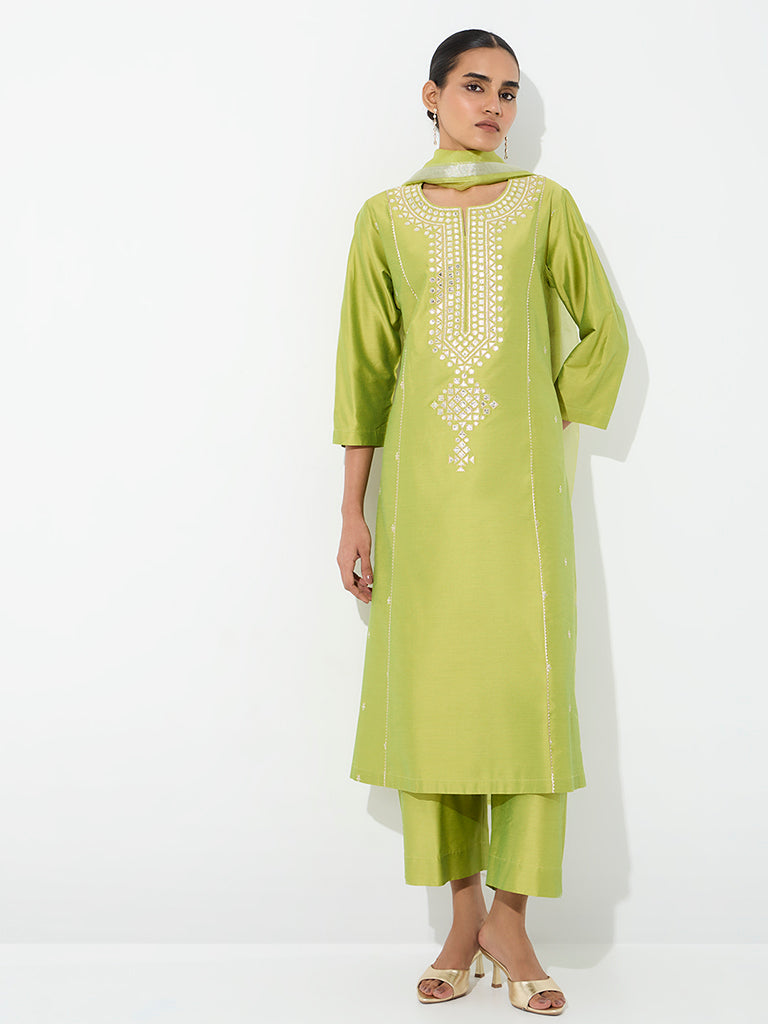 Vark Lime Mirror Embroidered A-Line Ethnic Set
