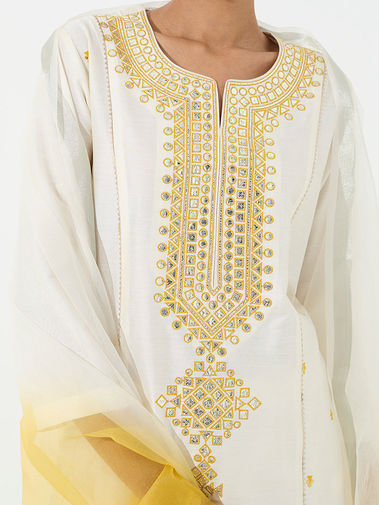 Vark Ivory Mirror Embroidered A-Line Ethnic Set