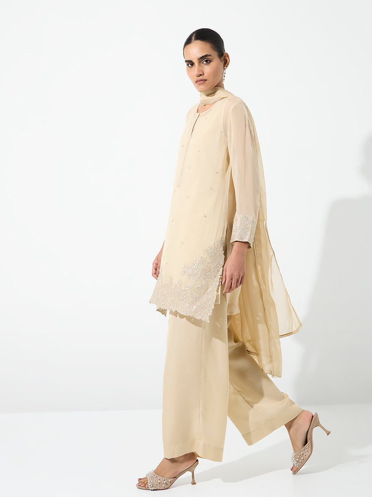 Vark Beige Embellished Straight Ethnic Set