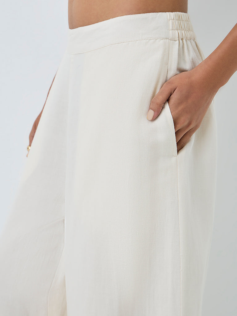Zuba Off-White Solid Linen-Blend Palazzos
