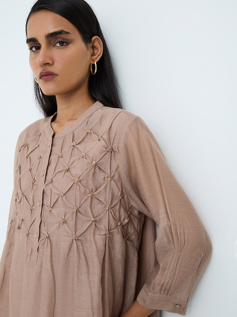 Zuba Taupe Pintuck Design Silk Chanderi Cotton-Blend Tunic
