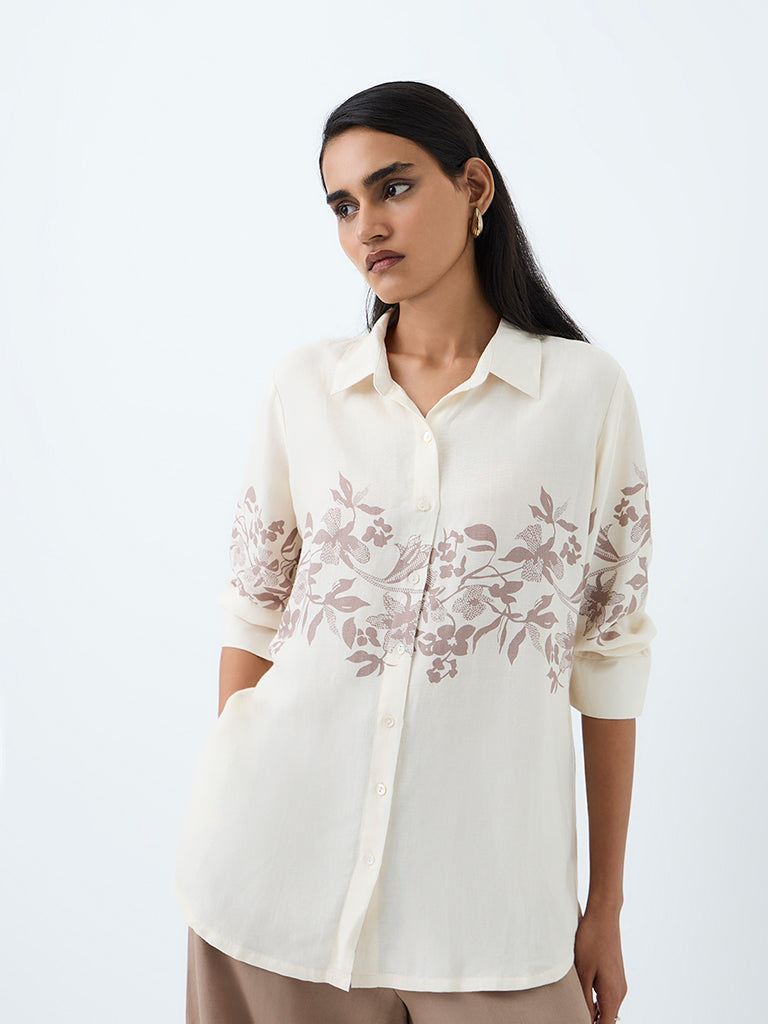 Zuba Off-White Floral Printed Linen-Blend Tunic