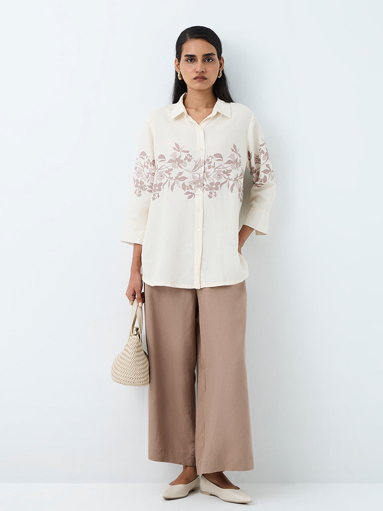 Zuba Off-White Floral Printed Linen-Blend Tunic