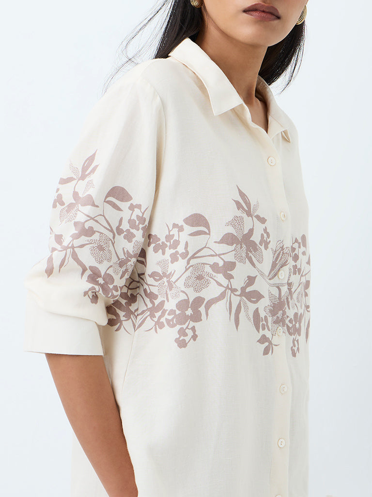 Zuba Off-White Floral Printed Linen-Blend Tunic