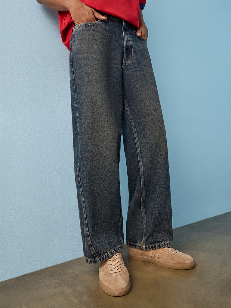 Nuon  Blue Washed Straight-Fit Jeans