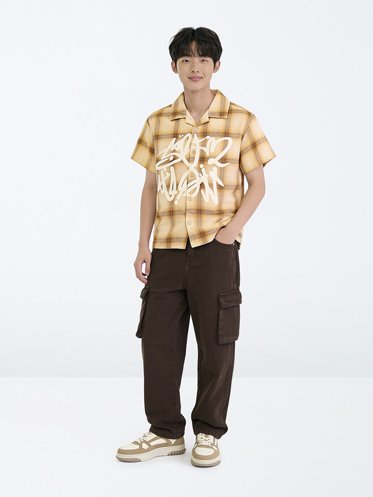 Boys Beige Checkered Cotton Shirt
