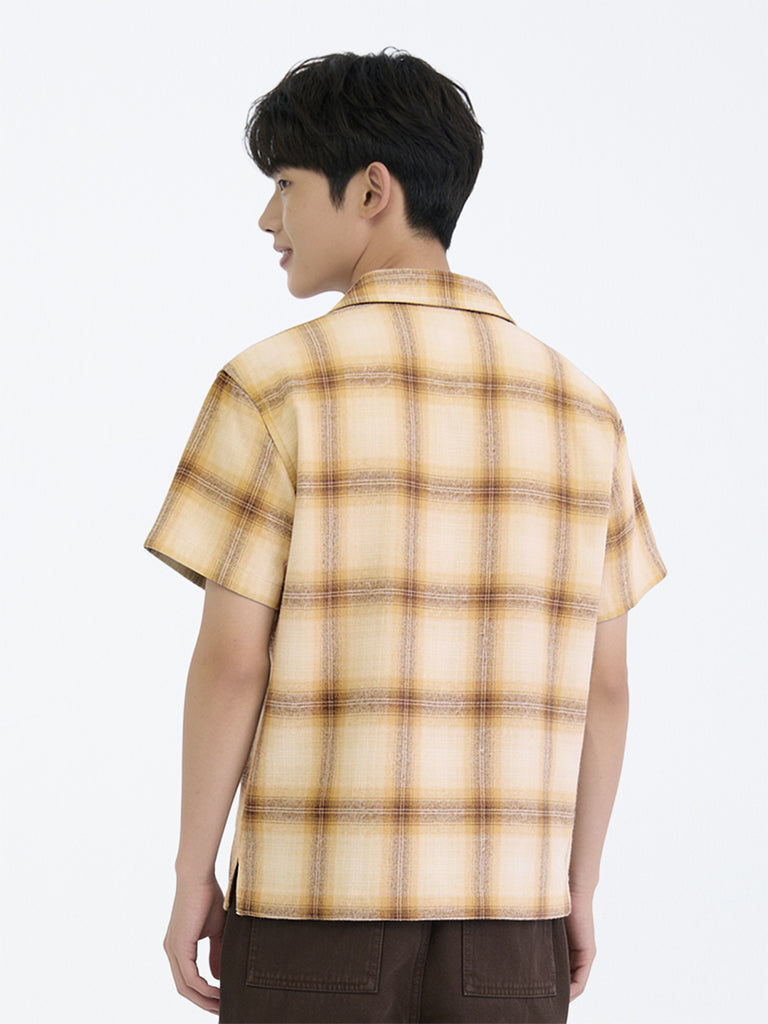 Boys Beige Checkered Cotton Shirt