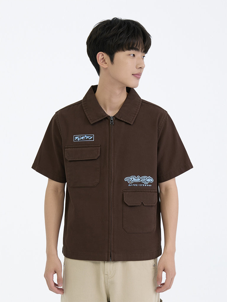 Boys Dark Brown Text Design Cotton Shirt