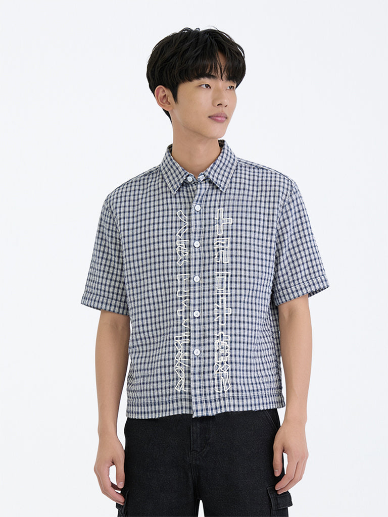 Boys Navy Checkered Cotton Shirt