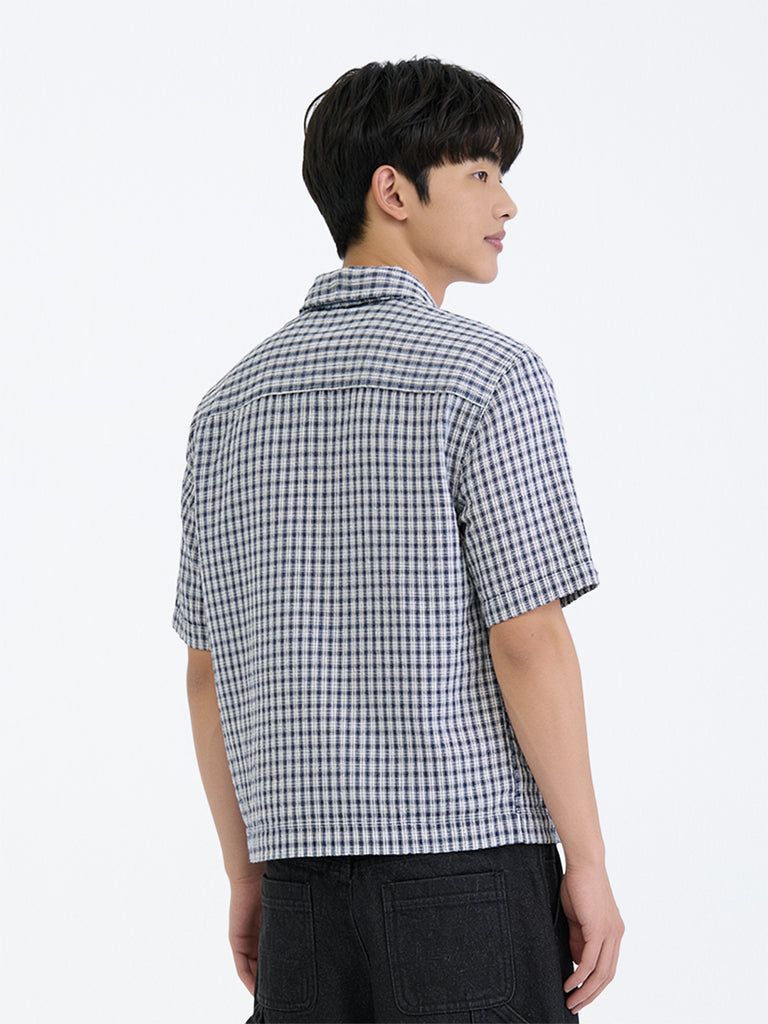 Boys Navy Checkered Cotton Shirt