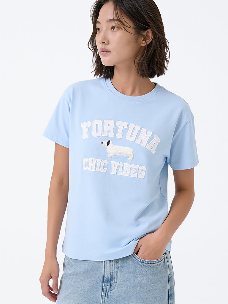 Girls Light Blue Text Design Cotton T-Shirt