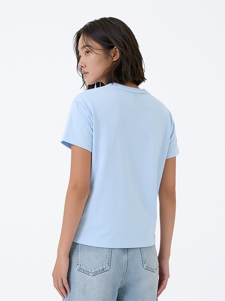 Girls Light Blue Text Design Cotton T-Shirt