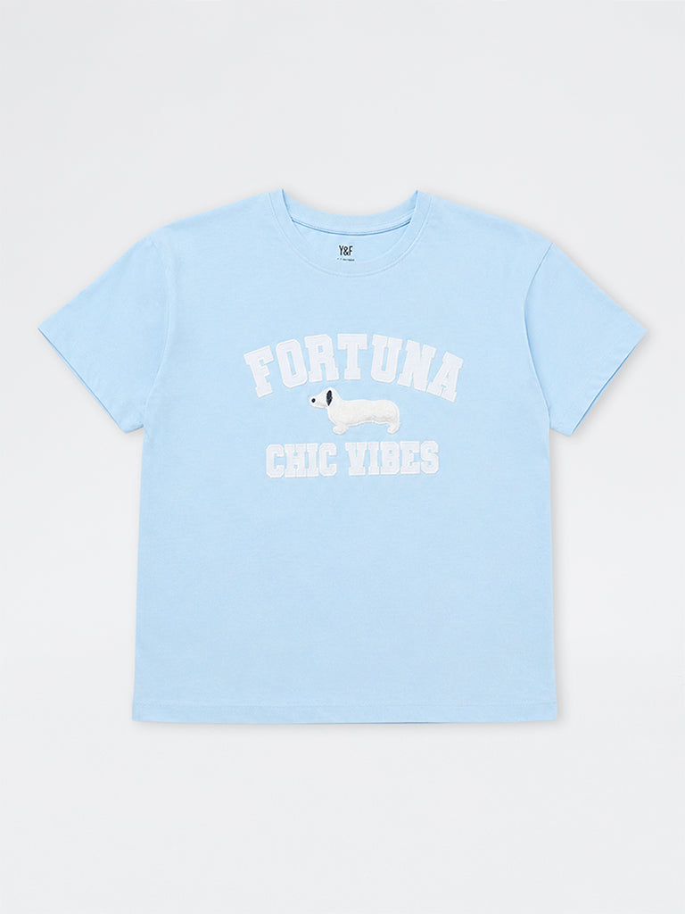 Girls Light Blue Text Design Cotton T-Shirt