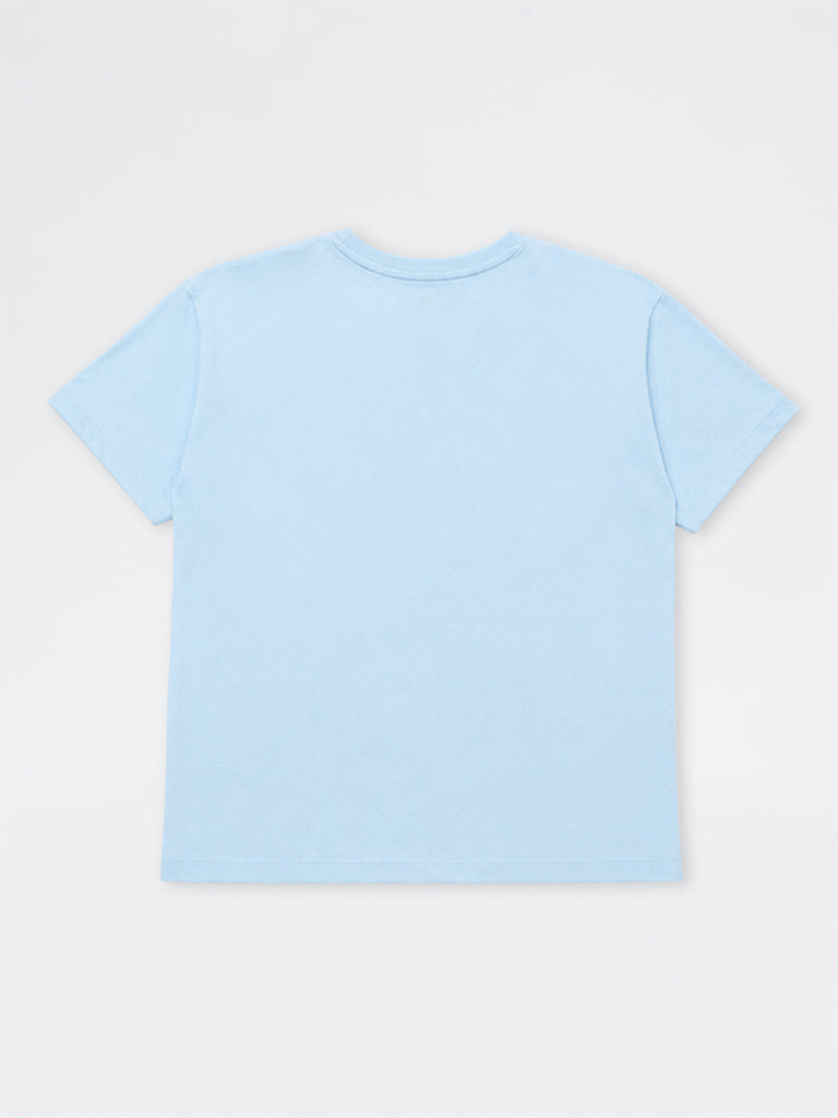 Girls Light Blue Text Design Cotton T-Shirt