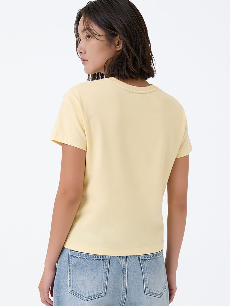 Girls Yellow Dog Printed Cotton T-Shirt