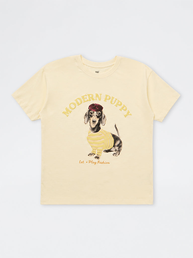 Girls Yellow Dog Printed Cotton T-Shirt